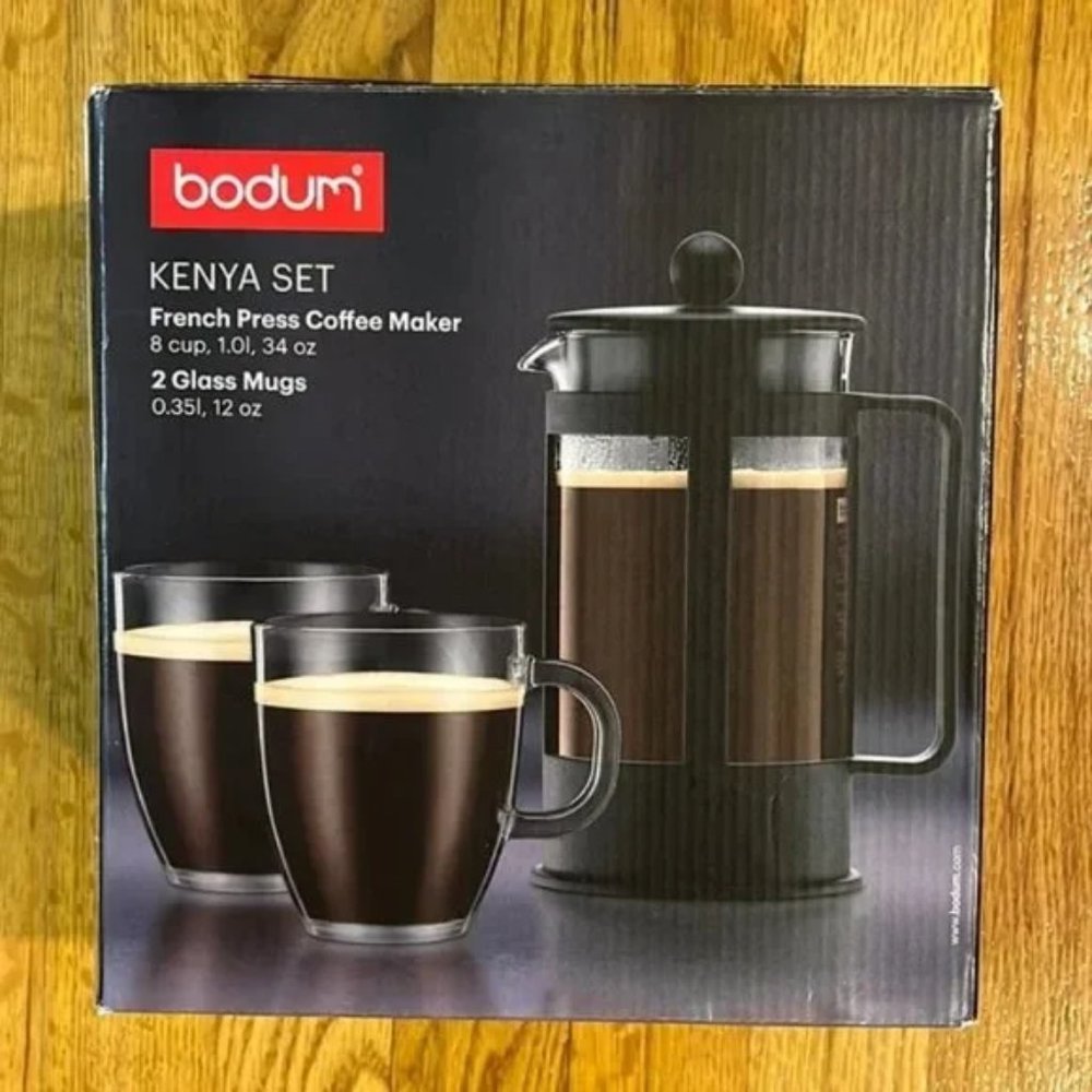 Bodum Kenya set French Press coffee Maker with 2 Glass Mugs (12oz each)
